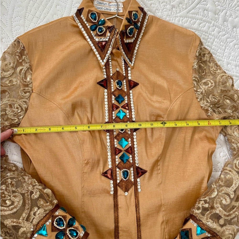 Davlyn Designs Gold and Brown Embellished Reining/Western Riding  Show Shirt - Picture 9 of 10
